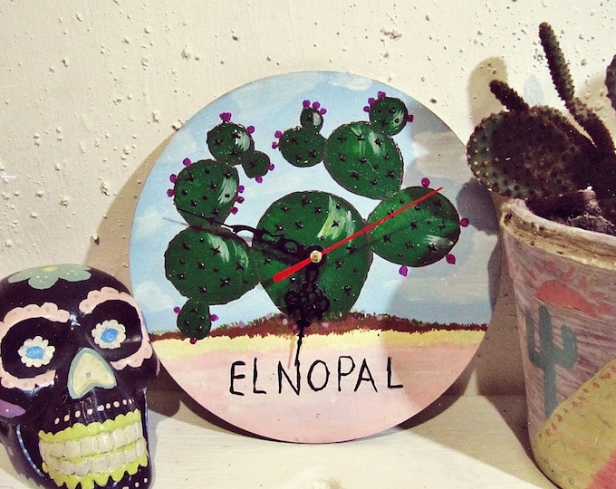El Nopal Wall Clock - Hand Painted Cactus Clock - Mexican Lottery Art - Wood Clock - Boho Wall Decor - Mexican Tribal Art - Ready to Ship