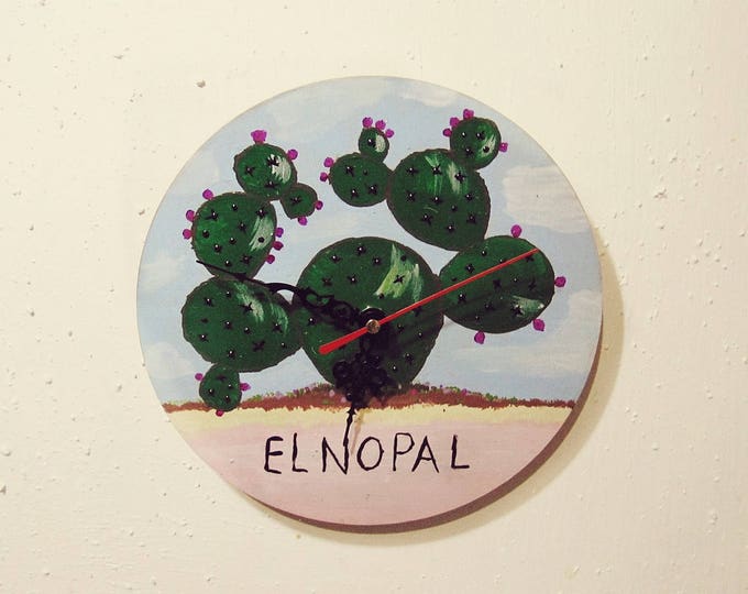 El Nopal Wall Clock - Hand Painted Cactus Clock - Mexican Lottery Art - Wood Clock - Boho Wall Decor - Mexican Tribal Art - Ready to Ship