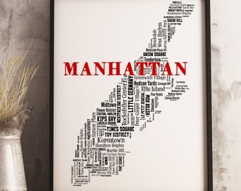 Manhattan Map Art, Manhattan Art Print, Manhattan Neighborhood Map, Manhattan Typography Art, Manhattan Wall Decor, Manhattan Moving Gift