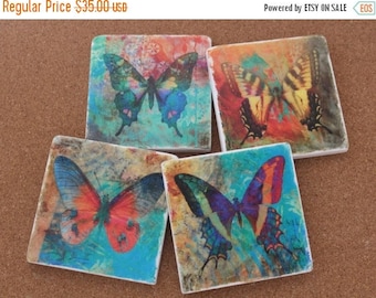 SALE Set of 4 Tumbled Marble Tile Coasters - Bold Butterflies