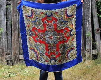 Vintage. Beautiful. Silky/blue/red/square/scarf. Gorgeous scarf!