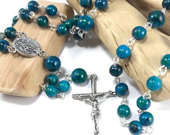 Saphire Jasper Rosary; Blue Rosary; Blue Green Rosary; Gemstone Rosary; Natural Stone Rosary, Traditional Rosary, Catholic Prayer Beads