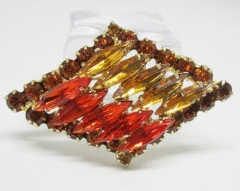 Vintage Rhinestone Jewelry - "Juliana" Brooch Pin - Verified - Delizza & Elster - Orange and Gold