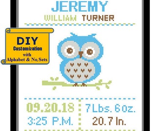 Baby Owl Cross Stitch Birth Announcement Cross Stitch Birth Record Cross Stitch Baby Girl Boy Owl Pink Blue nursery woodland birth sampler