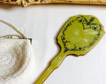 Vintage Marbled Bakelite Green Celluloid Hand Mirror