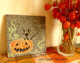 Bottom dish for Halloween 'the cat and pumpkin', mosaic