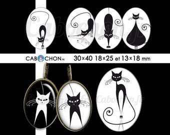 Chat noir Chat blanc • 45 Images Digitales OVALES 30x40 18x25 13x18 mm silhouette ombre cat page cabochon cabochons bijoux