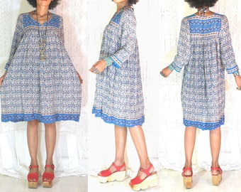 ETHNIC VINTAGE 1970'S Indian cotton gauze hippie retro festival 3/4 sleeves boho gypsy folk bohemian sheers dress