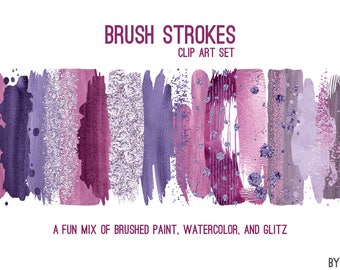 Purple Brush Strokes Paint Watercolor Glitter Foil Clipart 20 Images PNG Files 12 Inches Commercial Use Graphics Digital Clip Art Set 1