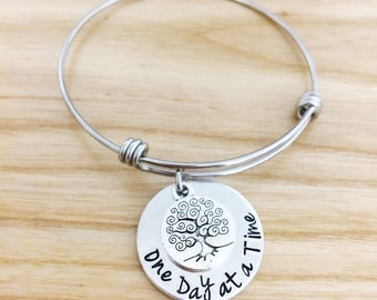 one day at a time, sobriety bracelet, addiction recovery, one day at a time jewelry, tree of life bracelet, hand stamped jewelry gift