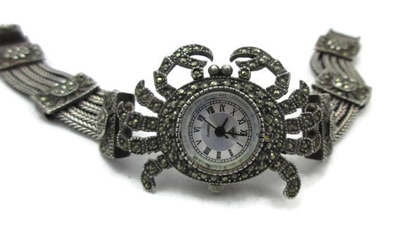 Sterling Silver Marcasite Watch Japan Movement Quartz Crab Cancer Sign Vintage Fine Costume Jewelry Estate Find Vintage Wristwatch