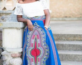 Blue Dashiki African Ankara Midi Skirt, African Clothing; African fashion; African Print; African Skirt;Ms Alaba; Skirt