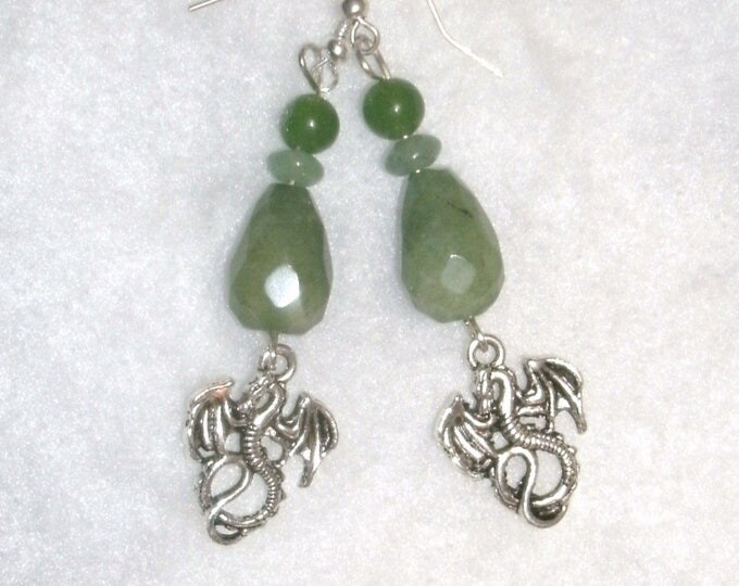 Dragon Earrings, stone beads and silver dragon charm earrings, faceted stone teardrops in Green Jade, also Aventurine and Emerald beads