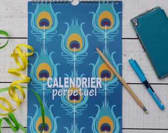 perpetual calendar with peacock pattern, Birthday calendar, blue