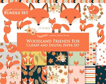Fox Clipart, Red Fox, Woodland Friends, Fox Digital, Fox, Autumn, Fall Clip Art + Digital Paper Set - Instant Download
