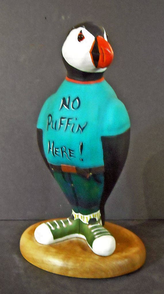 Original Puffin caricature called "NO Puffin" woodcarving by Canadian Steve Madsen