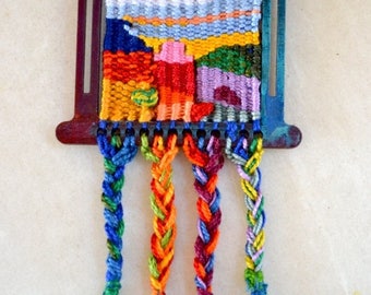 ON SALE Hand Woven Necklace - Mini Tapestry woven Pendant little Houses Design - Colorful Weave loom Fiber Necklace - Wearable Art Necklace