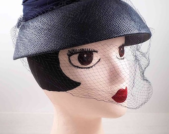 Jonquil Original Hat,Navy blue,cloche,vintage hat,mid century modern,women accessories,movie prop,stage prop,navy cloche hat,veiled hat,hats