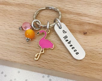 pink flamingo, flamingo keychain, flamingo keyring, name keychain, personalised name, initial keyring, flamingo gift, bird, hand stamped, UK