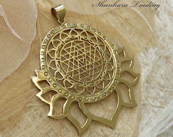 Sri Yantra Pendant, Tribal Brass Lotus Pendant, Sacred Geometry Jewellery, Indian Lotus Pendant, Tribal Jewellery, Yoga Jewelry