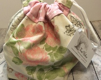 Knitting Project Bag-Pink & Green Rose design,boho botanical Paris bag,Toad Hollow Bag,Crochet Project,Sock,yarn keeper,drawstring bag