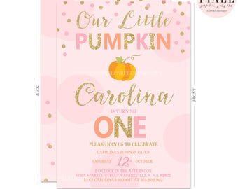Pumpkin Invitation Our Little Pumpkin Birthday Invitation Pink & Gold Sparkle Pumpkin Halloween Birthday Pink and Sparkle Fall Birthday