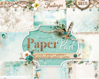Summer Feelings PPSF53 15 x 15cm paper pad with 36 sheets and 9 patterns, Textures seashells and seaglass gems papers for summer