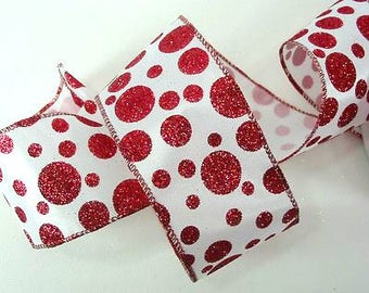 1.5" Red White Glitter Polka Dot Ribbon, Red Glitter wired Ribbon, Red White Glitter Ribbon, wired Christmas Ribbon - (10 Yards) - R16565