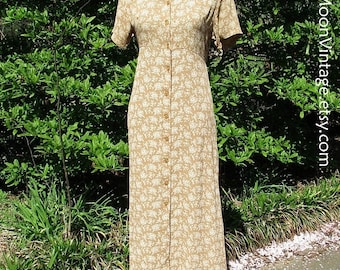 Vintage BOHO DRESS, Rayon GAUZE, Button-Down Midi, Ditzy Floral, 90s does 30s, Golden Yellow Tan, Breezy Feminine Hippie, April Cornell, sm