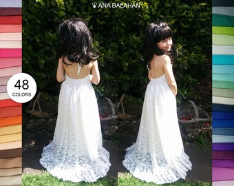 Flower girl dress - LIGHT IVORY, Train dress, Floor length maxi dress, Wedding dress flower girl, Junior Lace Bridesmaid, 42 sash colors