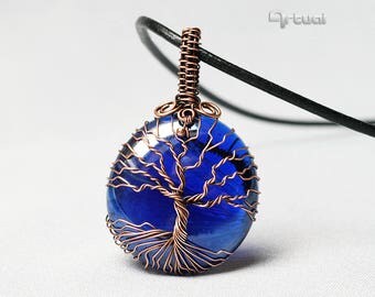 Boho copper jewelry, tree-of-life pendant, blue glass, wire wrapped tree, copper necklace, spiritual jewellery, birthday gift for women