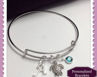 Turtle bangle bracelet, turtle bangle charm bracelet, silver bangle bracelet, birthstone bangle bracelet, sea turtle bracelet, sea bangles