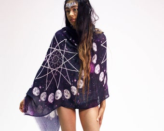 Moon Phase Scarf - Pentagram Grid - Statement Scarf - Bohemian Clothing - Wicca - Moon Scarf - Festival Clothing