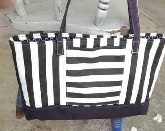 Black and White Stripe Tote, 18 wide x 11 tall, Tote Bag, Office Tote, Bag, Purse, Pocketbook, Stripe Purse, Stripe Tote Bag, Stripe Bag