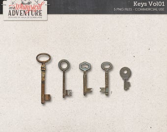 Keys, Steampunk, Commercial Use OK, Digital Download, Antique Vintage Keys, Attic Treasures, Flea Market Digital Scrapbooking Embellishments