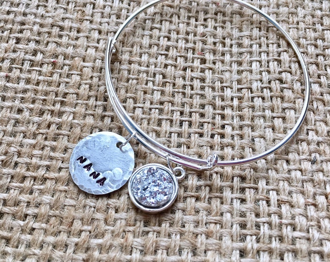 Grandmom Bracelet, Custom Name Bangle, Druzy Bangle, Gemstone Name Bangle, Stamped Name Bangle, Custom Name Bracelet, Faux Druzy Bangle