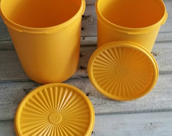 Vintage Tupperware Canister Set, Orange Yellow Gold Servalier With Snap Lid, Set of 2 Canisters