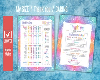 LLR My Size Card Newest Styles Home Office Approved Fonts & Colors Clothing Care Thank You for Purchase Rainbow Design My Size Chart
