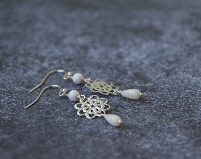 Filigree earrings, White bead earrings, Birthday gift for teen girl, Filigree jewelry, White coral earrings, Filigree drop earrings