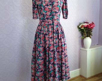 Laura Ashley Fit and Flare Floral Dress. Made in UK Vintage Garden Party Dress