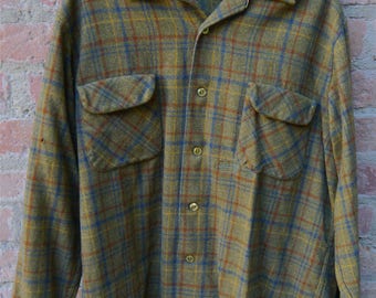 Pendleton Board Shirt 1960's 1970's Size L XL Loop Collar Flap Pockets 100% Virgin Wool Made in USA