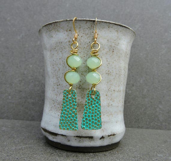 Items similar to Green Boho Earrings, Light Green Earrings, Long Green Earrings, Boho Beach ...