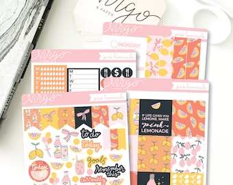 Horizontal Kit - Pink Lemonade - Summer June July August Planner Sticker Kit - Weekly Hand Drawn Horizontal Sticker Kit - Glossy, Matte LMKH