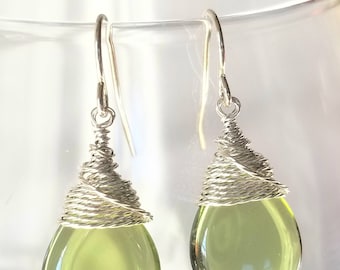 Olive Green Briolette Teardrop Earrings, Dangle Earrings, Green Jewelry