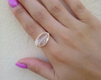 Clear Quartz Ring, Gold Plated Quartz Ring, Quartz Ring, Gemstone Ring, Gold Plated Ring, Tarnish Resistant Ring