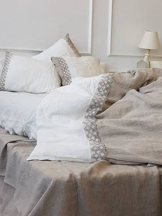 Pure Linen Bedding Set With Linen Lace Stonewashed Natural