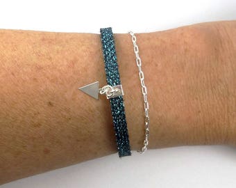 Double strand sterling silver and turquoise black leather triangle charm bracelet