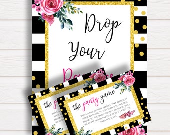 Drop your Panties Kate Spade Bridal Shower Game, Printable Lingerie Game, Black White Stripes Gold Glitter, Bachelorette Hen Party, Bridal