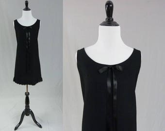 60s Little Black Dress - Sleeveless Wool - Long Satin Bow - Lace Trim - LBD - Carlette Party Dress - Vintage 1960s - S M