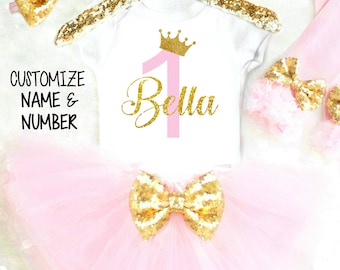 1st Birthday Girl Outfit Pink Tutu Birthday Outfit 1st Birthday Outfits Personalized First Birthday Outfit Pink and Gold Cake Smash Outfit